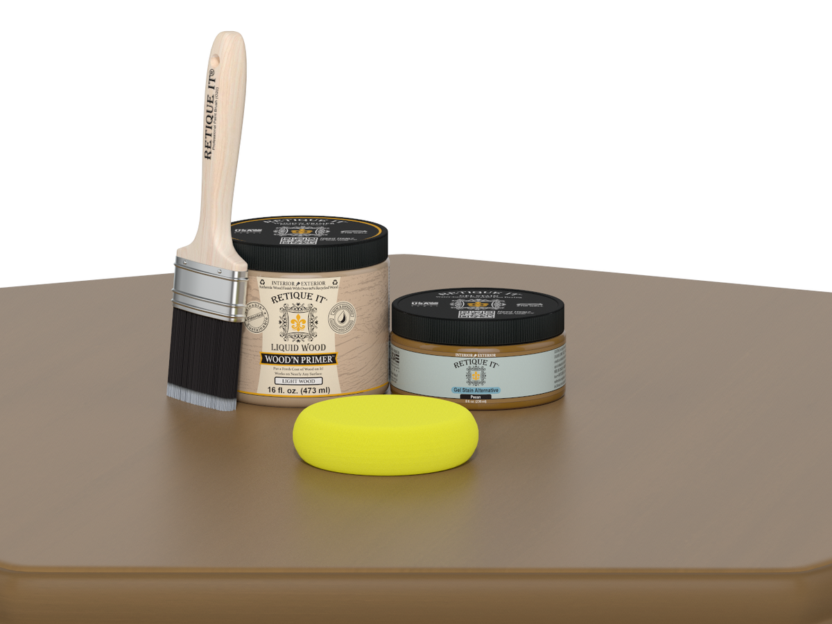 Retique It® Multi-purpose Smooth Finish Kit (Med) in Pecan for wood finishing, featuring a smooth, even application.