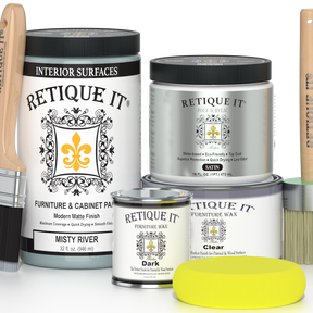 Retique It® furniture and cabinet paint in Misty River quart, showcasing smooth, satin finish for furniture projects.