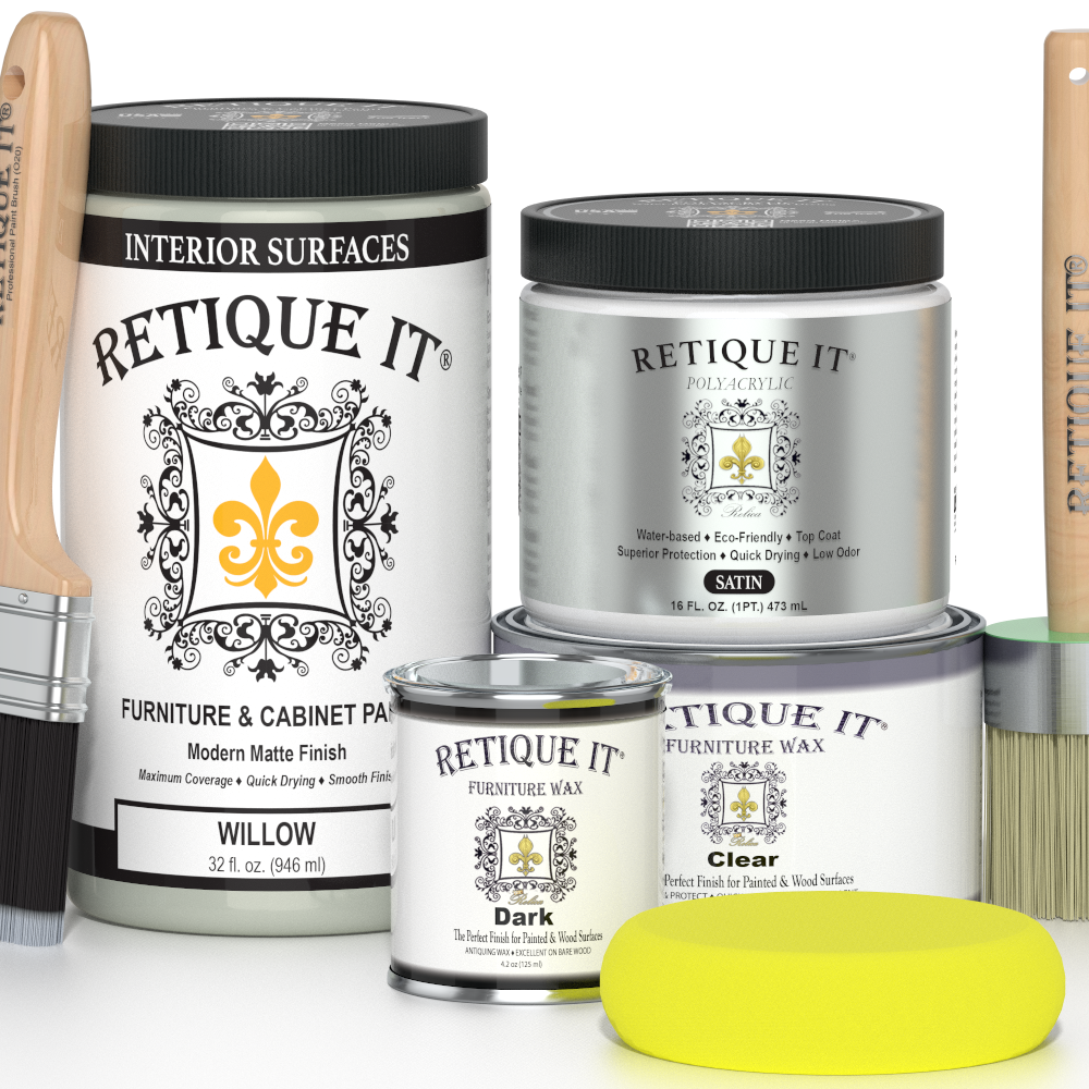 Retique It® furniture and cabinet paint in Willow color, quart size, showing a smooth painted surface on furniture.