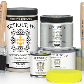 Retique It furniture care products including paint, wax, and polish on a white background