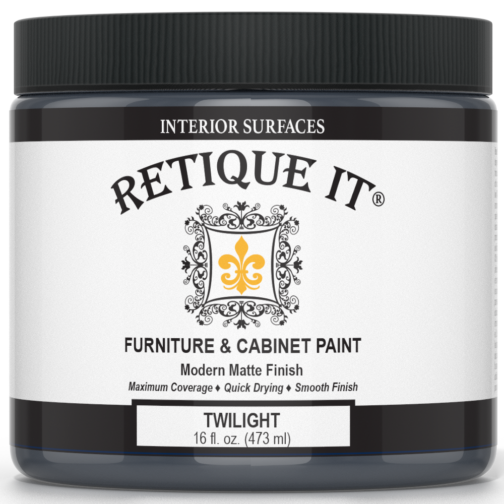 Retique It® furniture and cabinet paint in Twilight quart, showing a smooth, even coat of deep, elegant purple paint on a cabinet surface.
