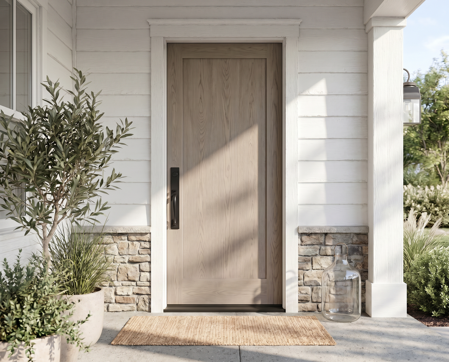 A modern single-panel wood front door with a vertical black handle, set in a white shiplap entryway with stone accents, a woven doormat, and potted plants.