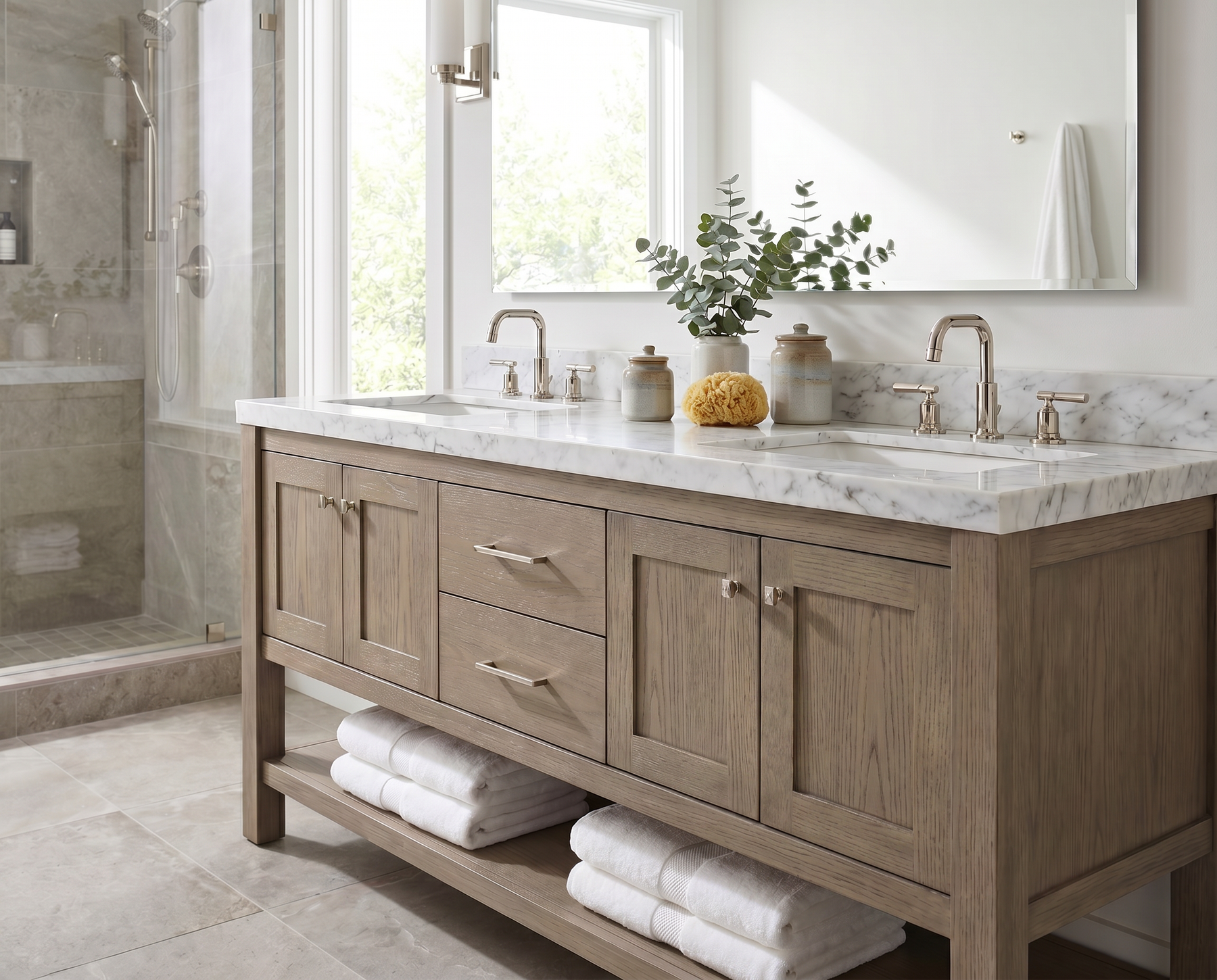 A double-sink bathroom vanity with a light oak wood cabinet, white marble countertop, and matching marble backsplash, shown in a bright, modern bathroom with a walk-in shower and large mirror.