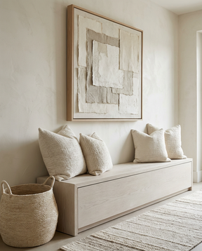 A light wood entryway bench with four textured cream throw pillows, styled in a minimalist room with a large framed abstract canvas print on the wall, a woven basket, and a neutral rug.