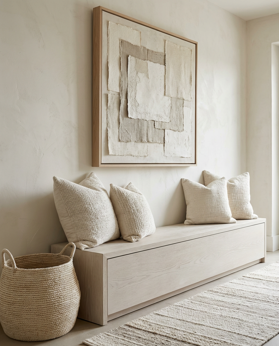 A light wood entryway bench with four textured cream throw pillows, styled in a minimalist room with a large framed abstract canvas print on the wall, a woven basket, and a neutral rug.