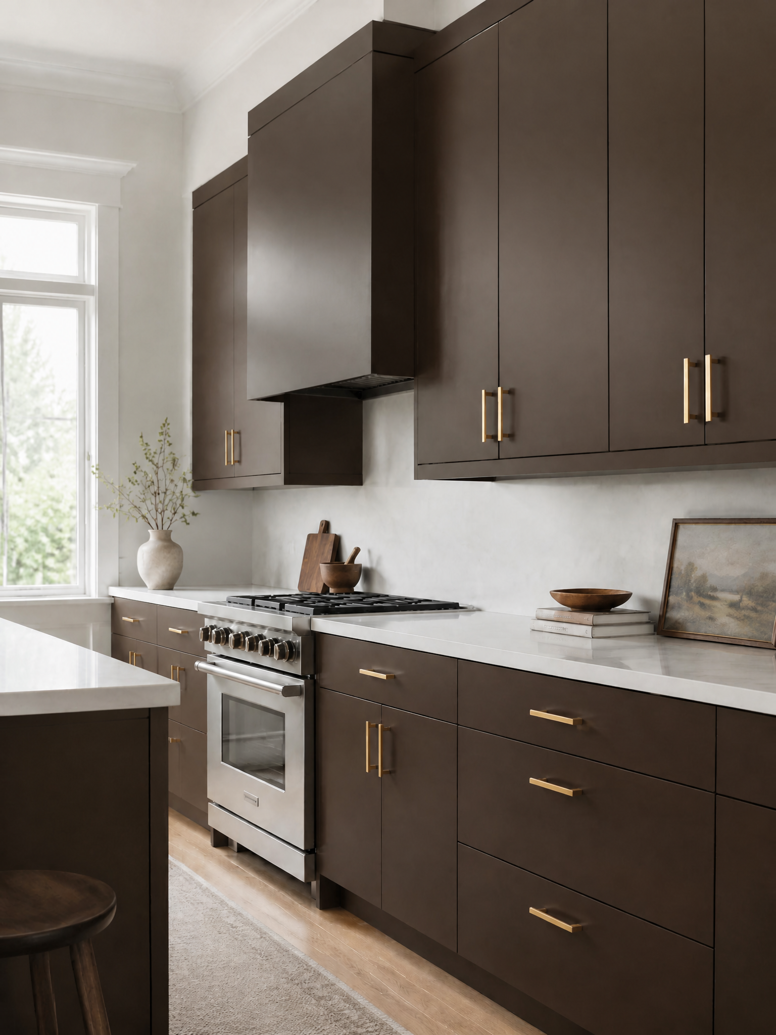 A modern kitchen featuring dark brown cabinets with slim gold handles, a stainless steel gas range, white countertops, and light wood flooring.