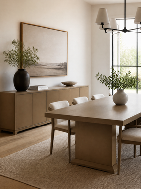 Dining room with a wood table, upholstered chairs, long sideboard, large framed art, and soft neutral decor.
