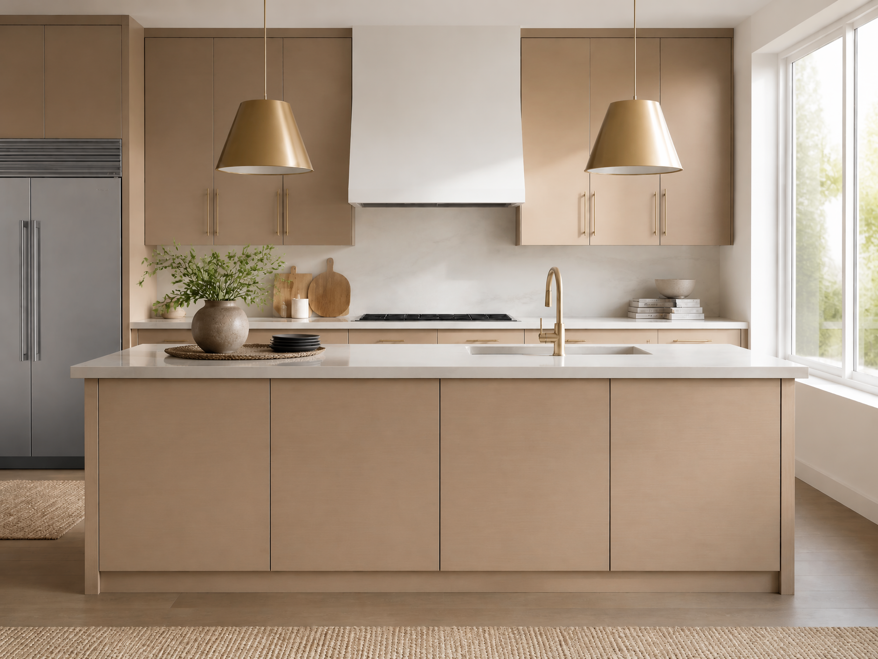 Neutral kitchen with light wood cabinetry, white countertops, and gold accents.