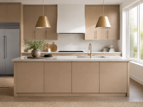 Neutral kitchen with light wood cabinetry, white countertops, and gold accents.