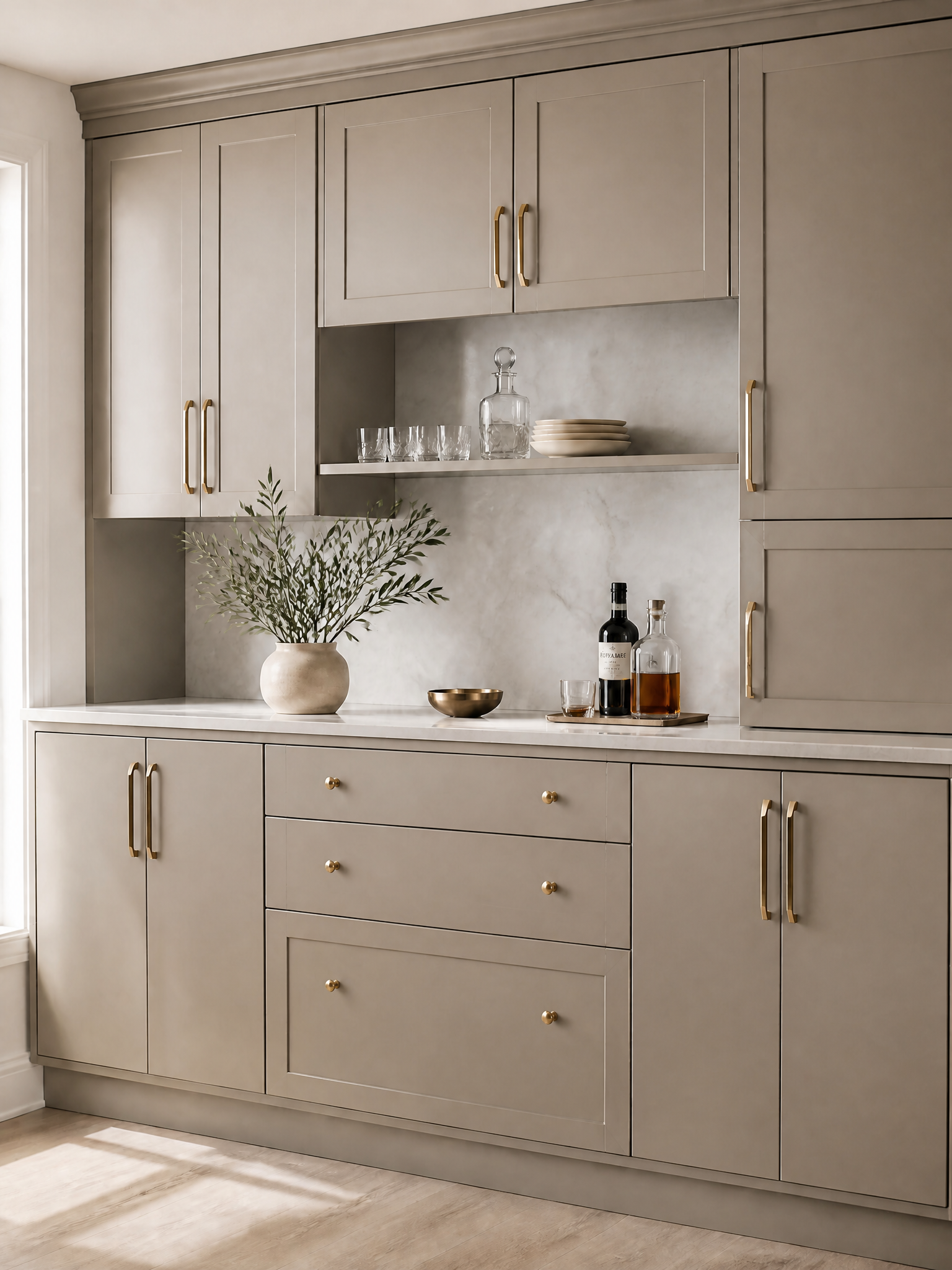 A modern kitchen cabinetry set in a warm taupe-beige finish with polished gold handles and brass-toned knobs, featuring a white marble countertop, textured stone backsplash, and styled with a vase of greenery and glassware.