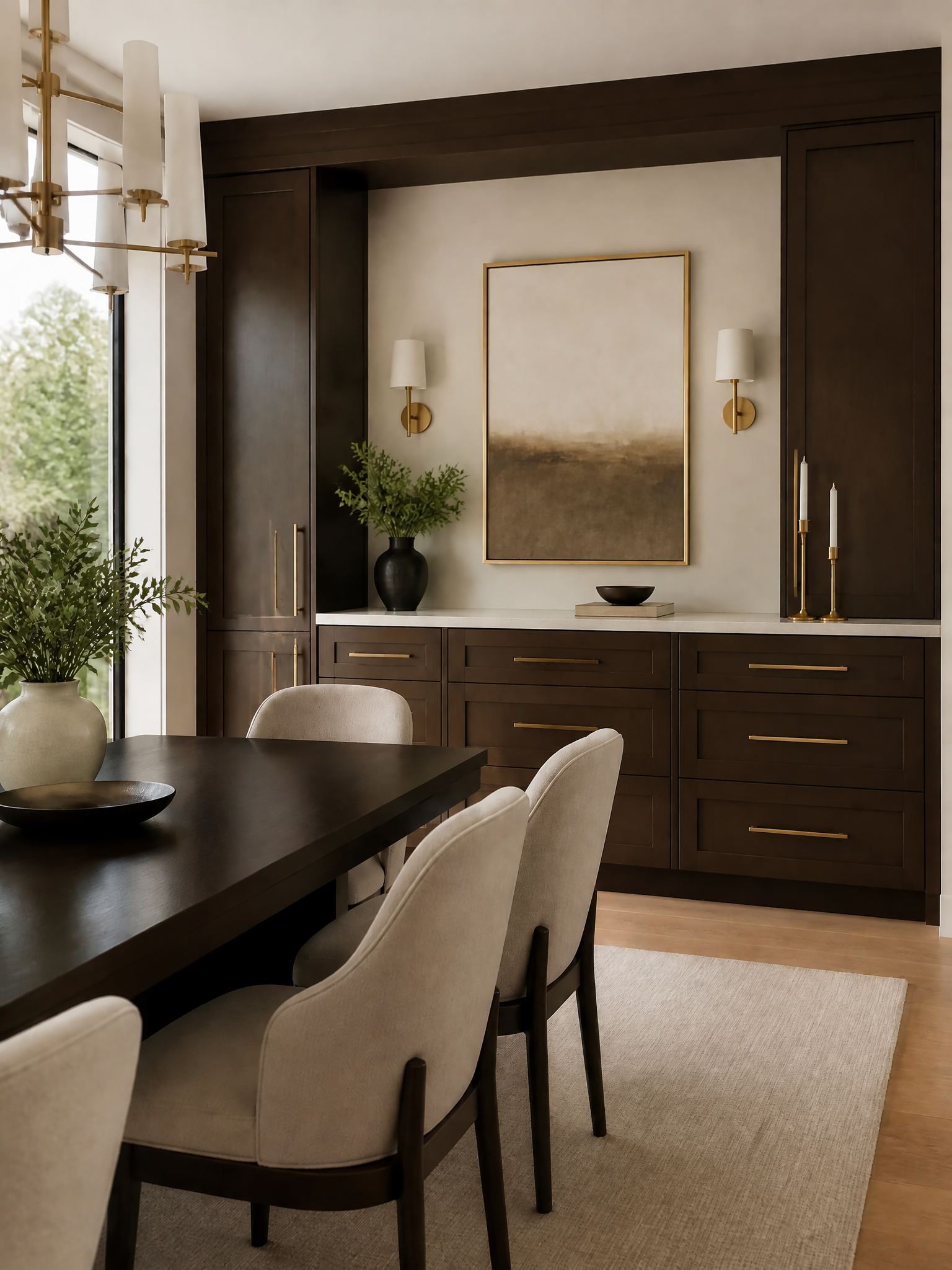 A styled interior dining room featuring a dark wood dining table and matching chairs, set against a dark wood cabinetry wall with gold handles, a white marble counter, and a large framed abstract print on the wall.
