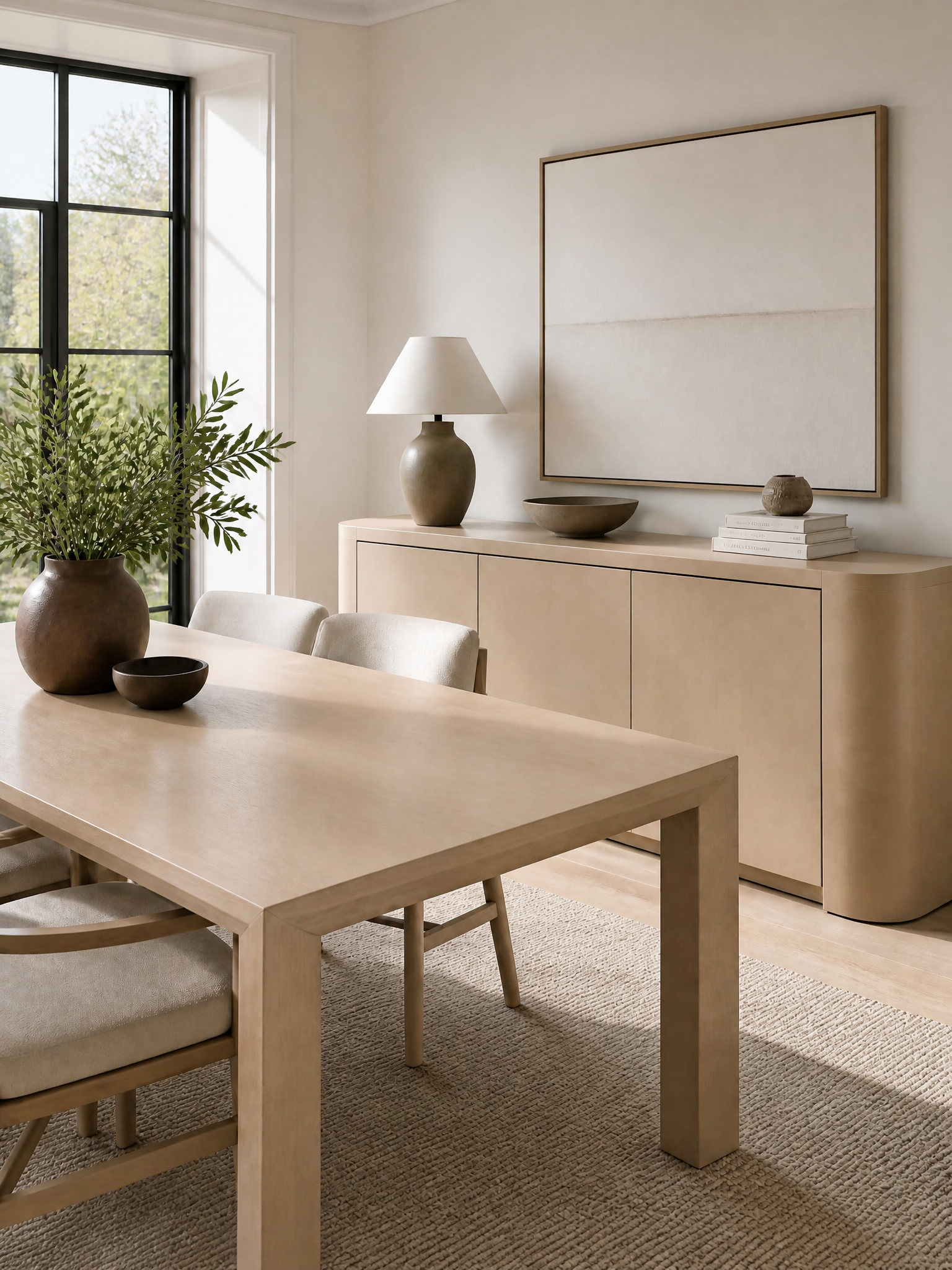 Neutral dining room with a light wood table and sideboard.