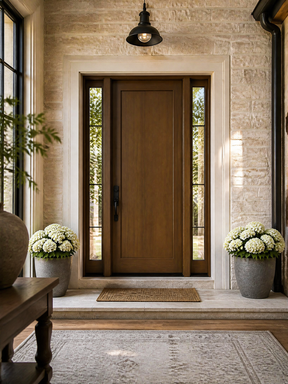 A front entryway featuring a dark brown wooden front door with two narrow vertical sidelight windows, set in a stone archway with a small woven doormat, potted white flowers, and a hanging black lantern light above.