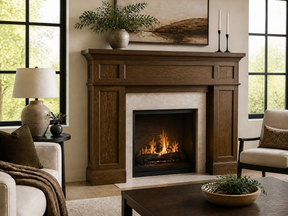 A classic brown wood mantel and fireplace surround installed in a beautifully styled living room with beige walls, a fireplace glowing with fire, a lamp, an armchair, and a coffee table.