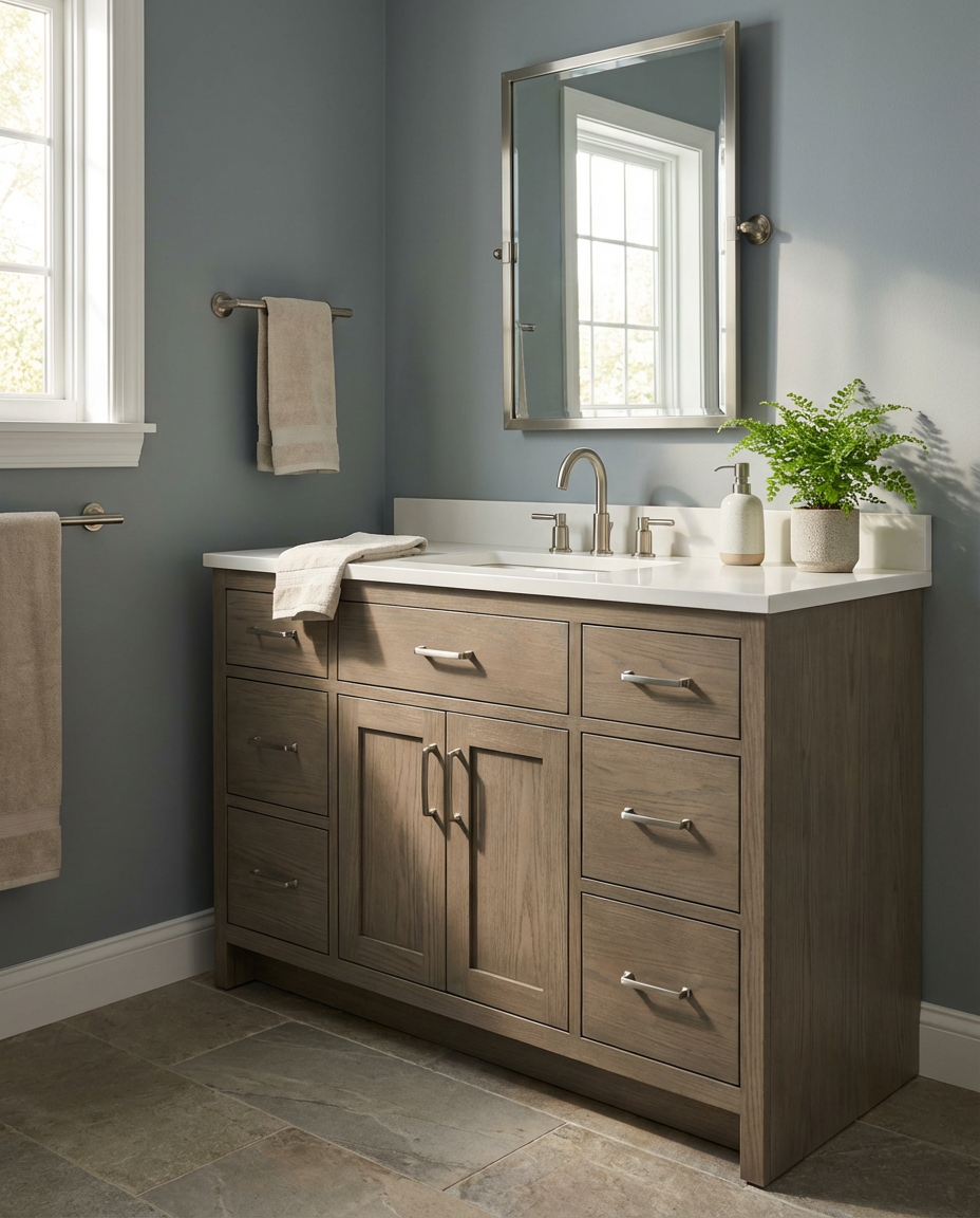 A modern bathroom vanity cabinet in a weathered taupe wood finish with a white countertop and integrated sink, shown in a styled bathroom setting with a mirror, towels, and a plant.