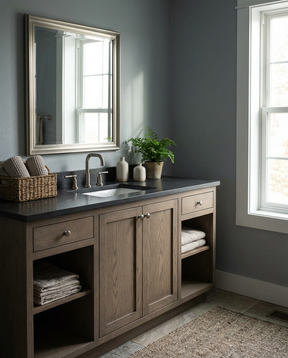 A rustic wood bathroom vanity with a dark countertop, integrated sink, and a large framed mirror, shown in a styled bathroom setting with a window, towels, and a plant.