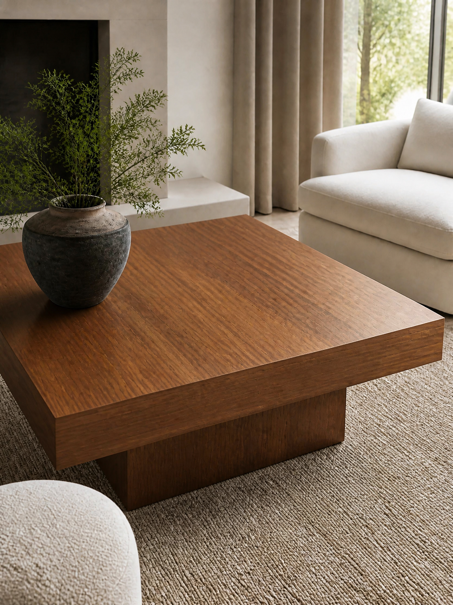 A square wooden coffee table with a warm medium-brown finish and a thick block base, styled in a modern living room with a dark textured vase on top.