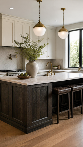 A modern kitchen island with a dark wood cabinet base, a light stone countertop, and two bar stools tucked underneath. The room features white cabinetry, a large vase of greenery on the counter, and two hanging pendant lights with white globes and gold-toned metal.