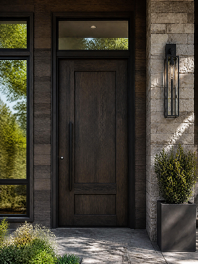 A dark brown wood front door with a vertical bar handle, set in a modern entryway with stone and wood siding, a wall sconce, and a window above.