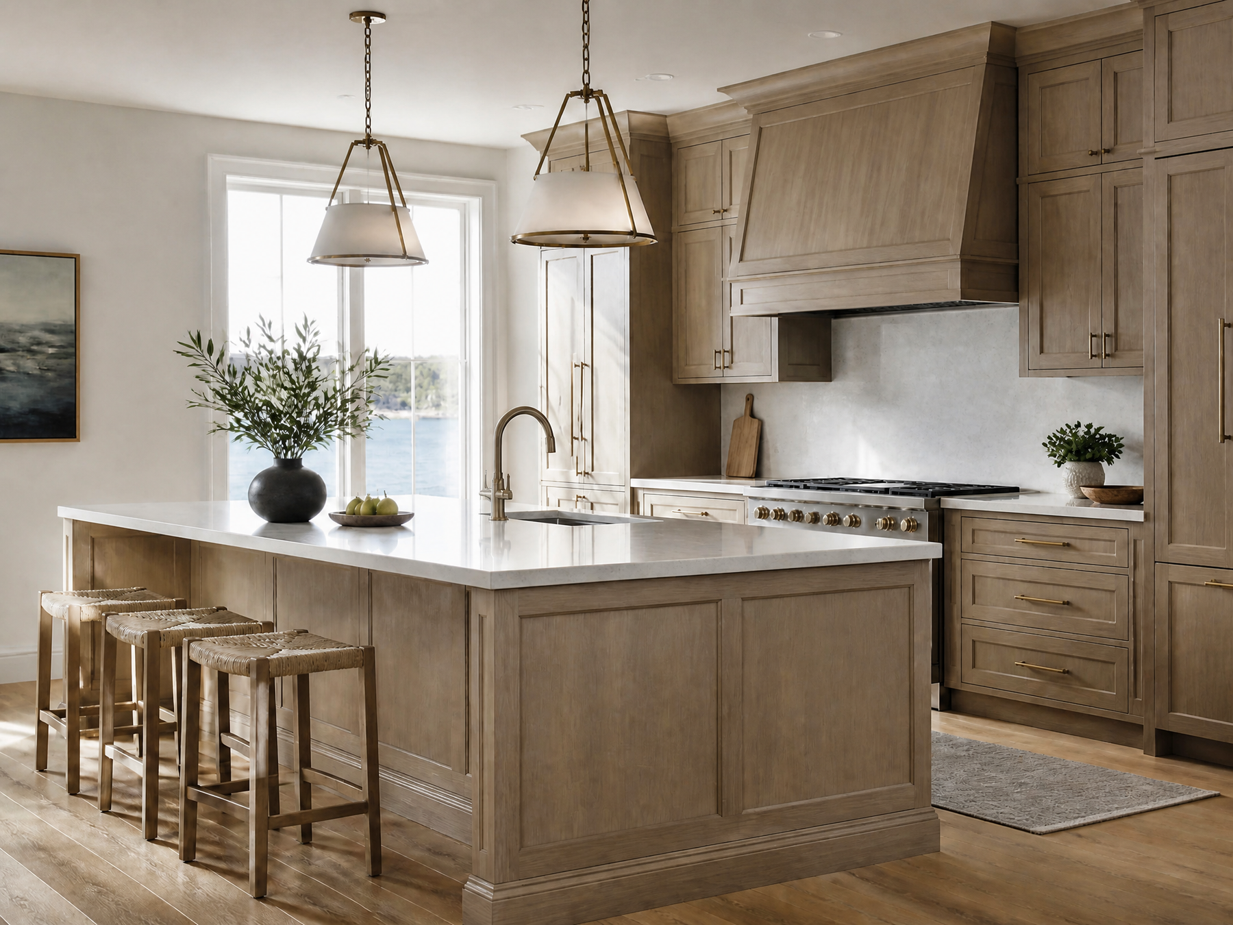 A modern kitchen featuring a large central island with a white stone countertop and light wood cabinetry, styled with a vase of greenery and four woven bar stools. The kitchen has a warm wood range hood, stainless steel gas range, and pendant lights.