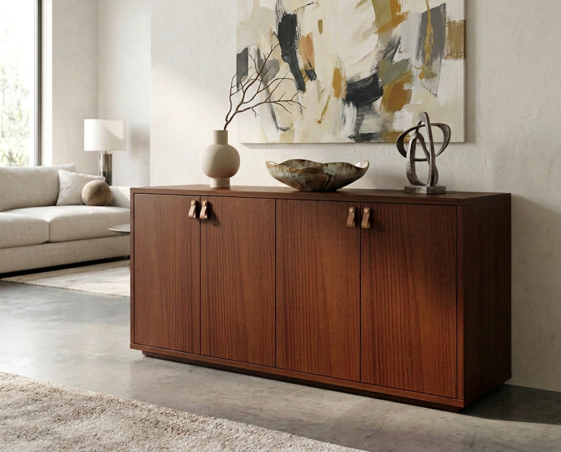 A mid-century modern wooden sideboard cabinet with a warm reddish-brown finish, featuring two cabinet doors with decorative metal pulls, styled in a contemporary living room setting.