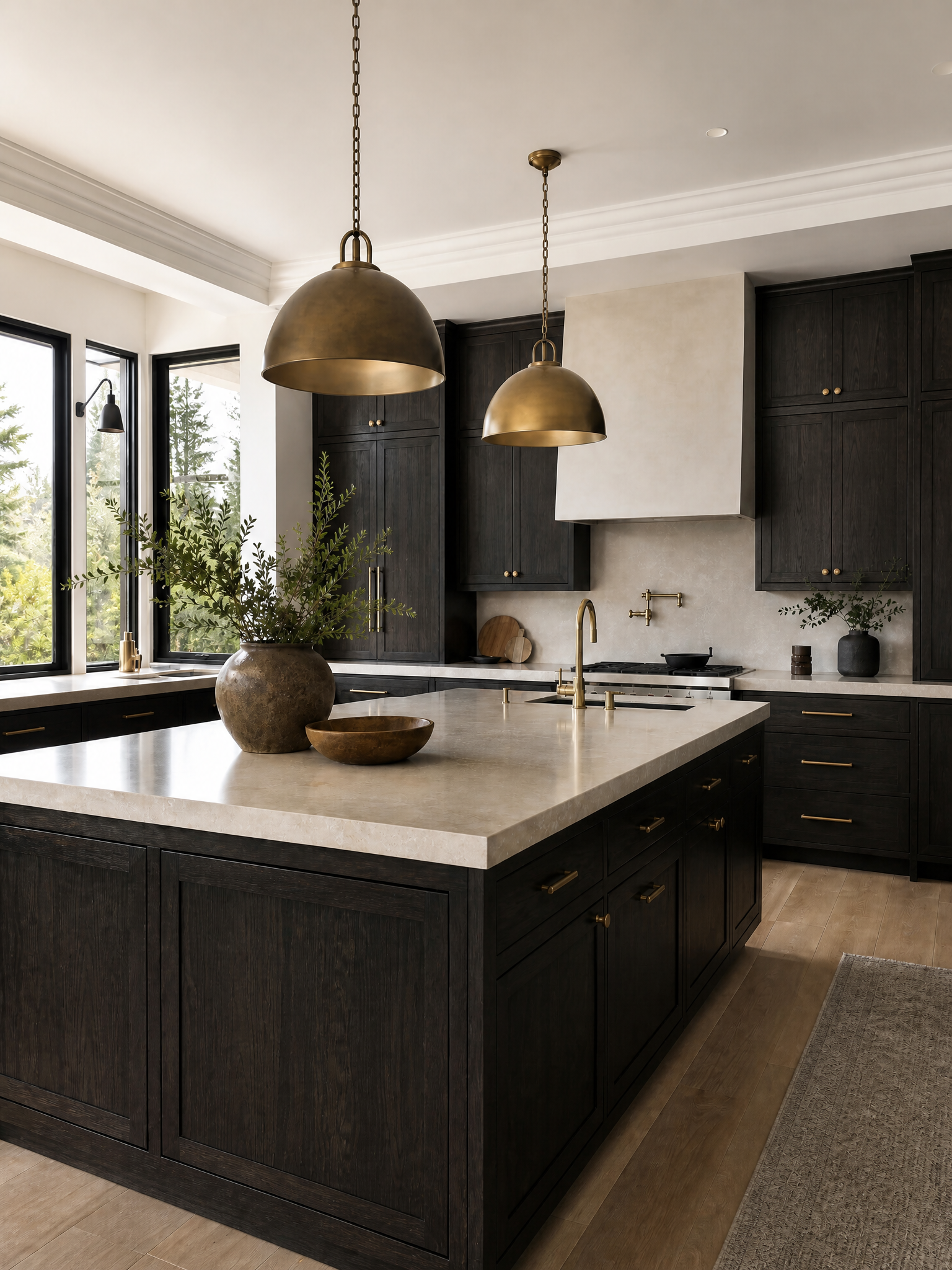A modern kitchen interior with dark wood cabinetry, a light stone island countertop, brass pendant lights, and a large window view of trees.