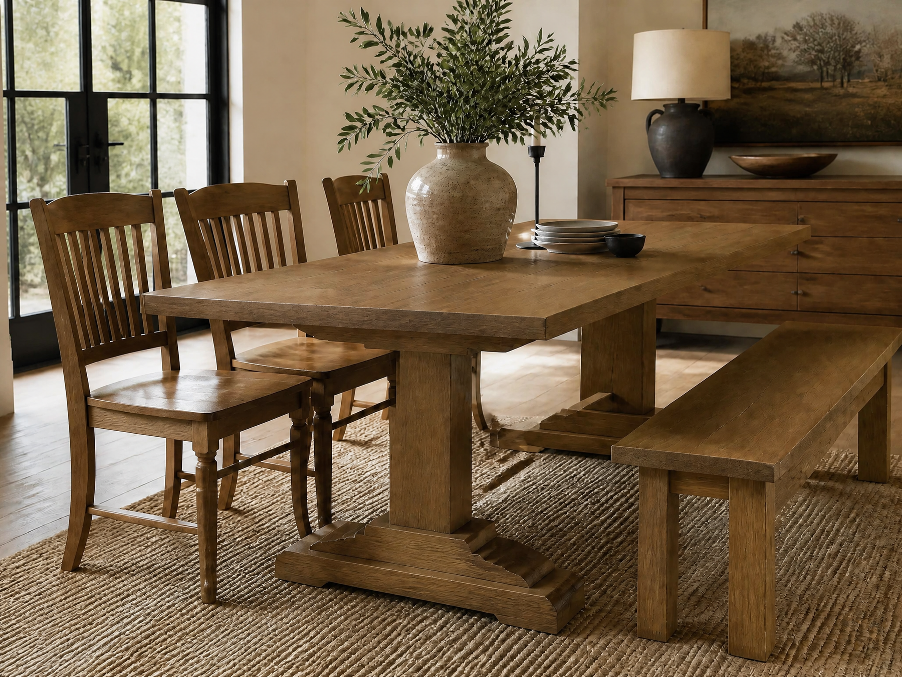A rustic wooden dining table set in a dining room, accompanied by four matching wooden chairs, a wooden bench, and styled with a large ceramic vase containing green foliage.