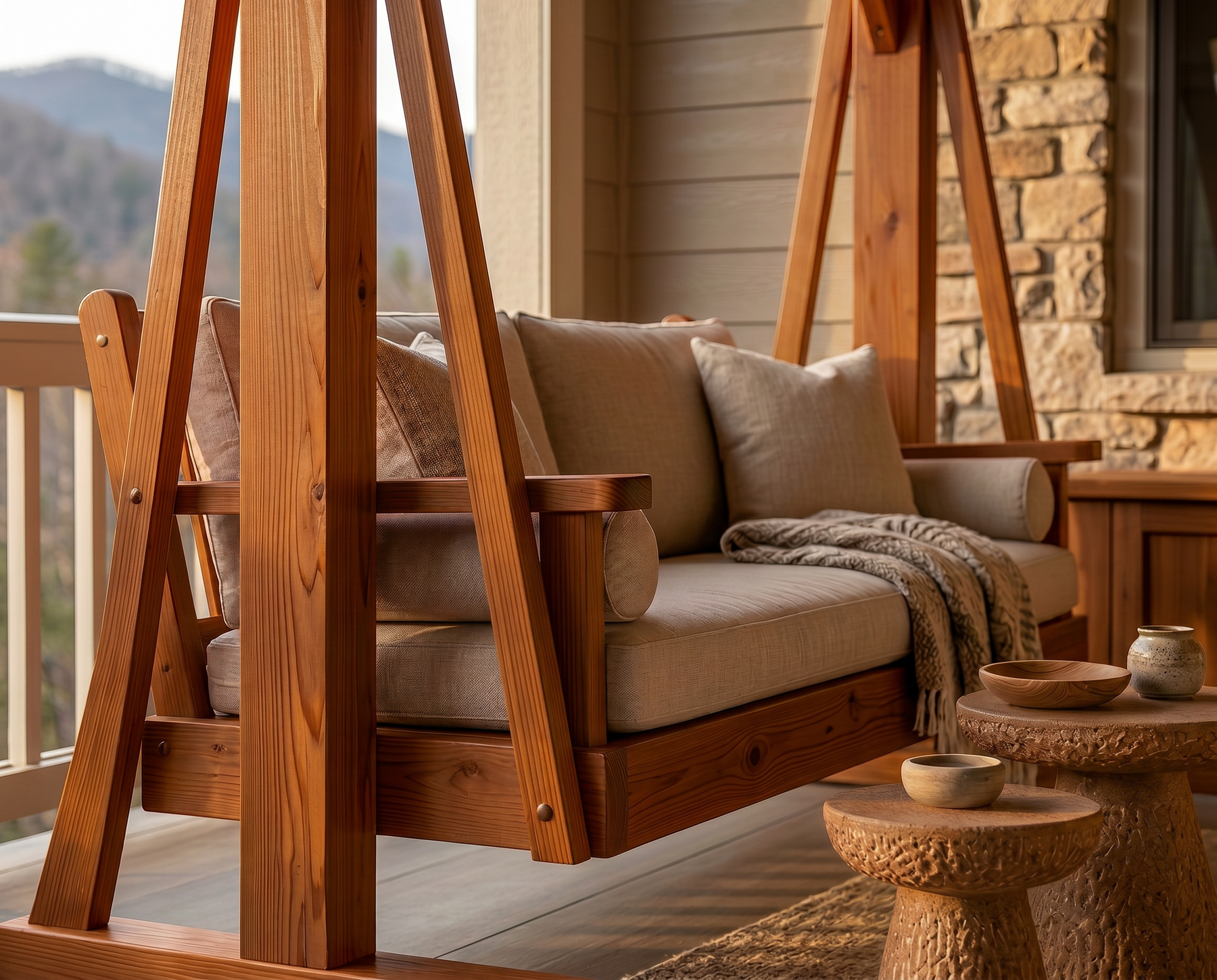 A rustic wooden swing daybed with thick beige cushions and a knitted throw blanket, set on a stone porch with mountains in the background.