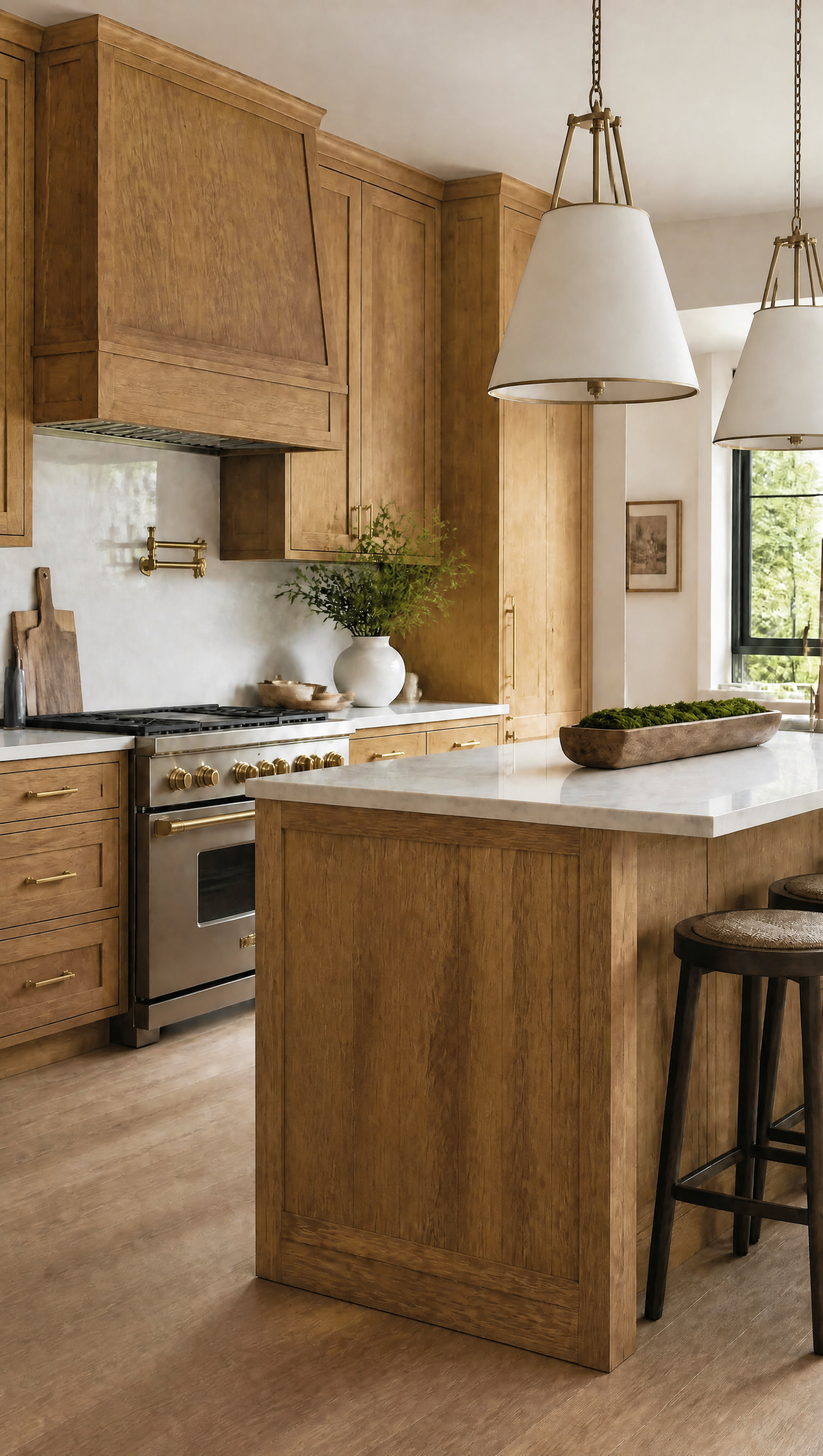A modern kitchen featuring warm medium-brown wood cabinets, a matching wood island base, white stone countertops, stainless steel appliances, and two hanging pendant lights.