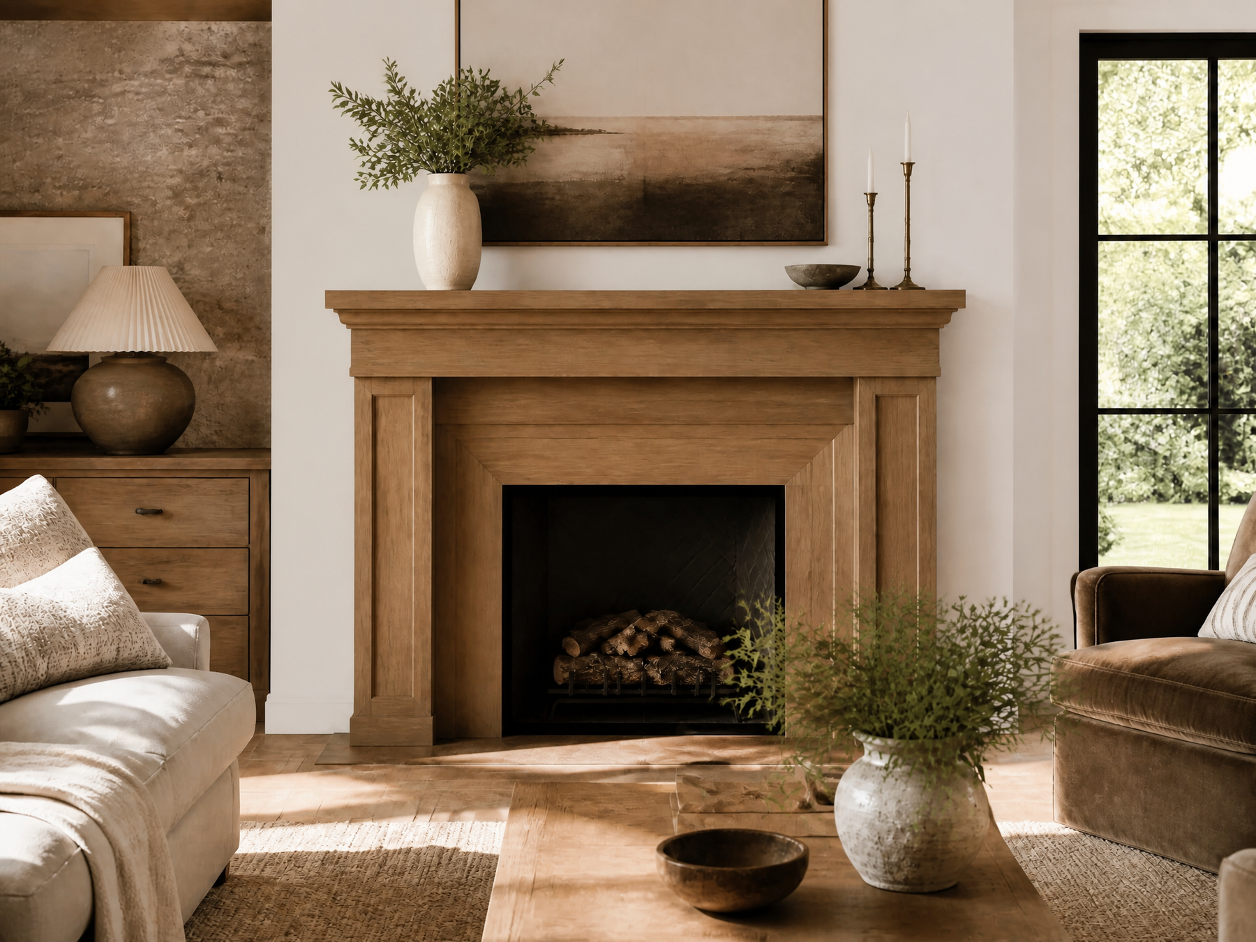 A warm, modern living room featuring a central wood-burning fireplace with a matching wooden mantel. The room is styled with neutral-toned furniture, including a cream sofa on the left and a brown armchair on the right, with a wooden coffee table in the foreground holding a textured vase with greenery and a small bowl.