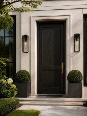 A modern black front door with a brass handle, set in a stone facade entryway with two black wall sconces, potted topiary trees, and landscaping.