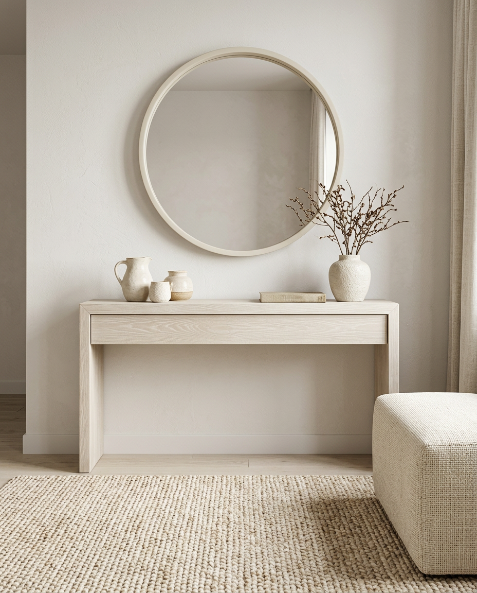 A minimalist interior scene featuring a round wall mirror with a light wood frame hanging above a matching light wood console table. The table is styled with ceramic vases and a vase of dried branches, set on a woven rug next to a textured beige ottoman.