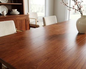 A close-up view of a polished dark brown wooden dining table in a bright, modern dining room. White upholstered chairs are visible around the table, and a cream ceramic vase with pink blossoms sits on the right side of the table.