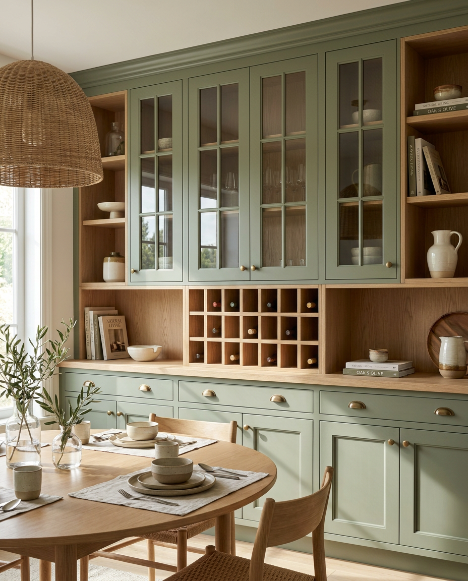 Kitchen with green cabinets, wooden dining table, and decor