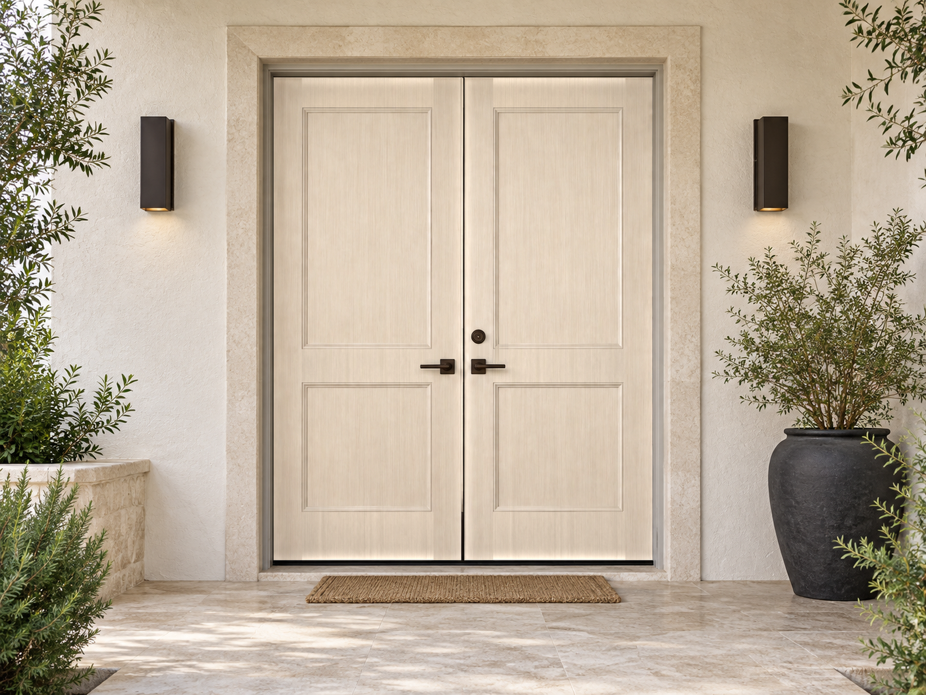 Retique It Wood'n Door Smooth Finish Kit for double doors in White Oak stain, featuring a sleek, polished wood surface.