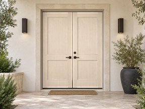 Retique It Wood'n Door Smooth Finish Kit for double doors in White Oak stain, featuring a sleek, polished wood surface.