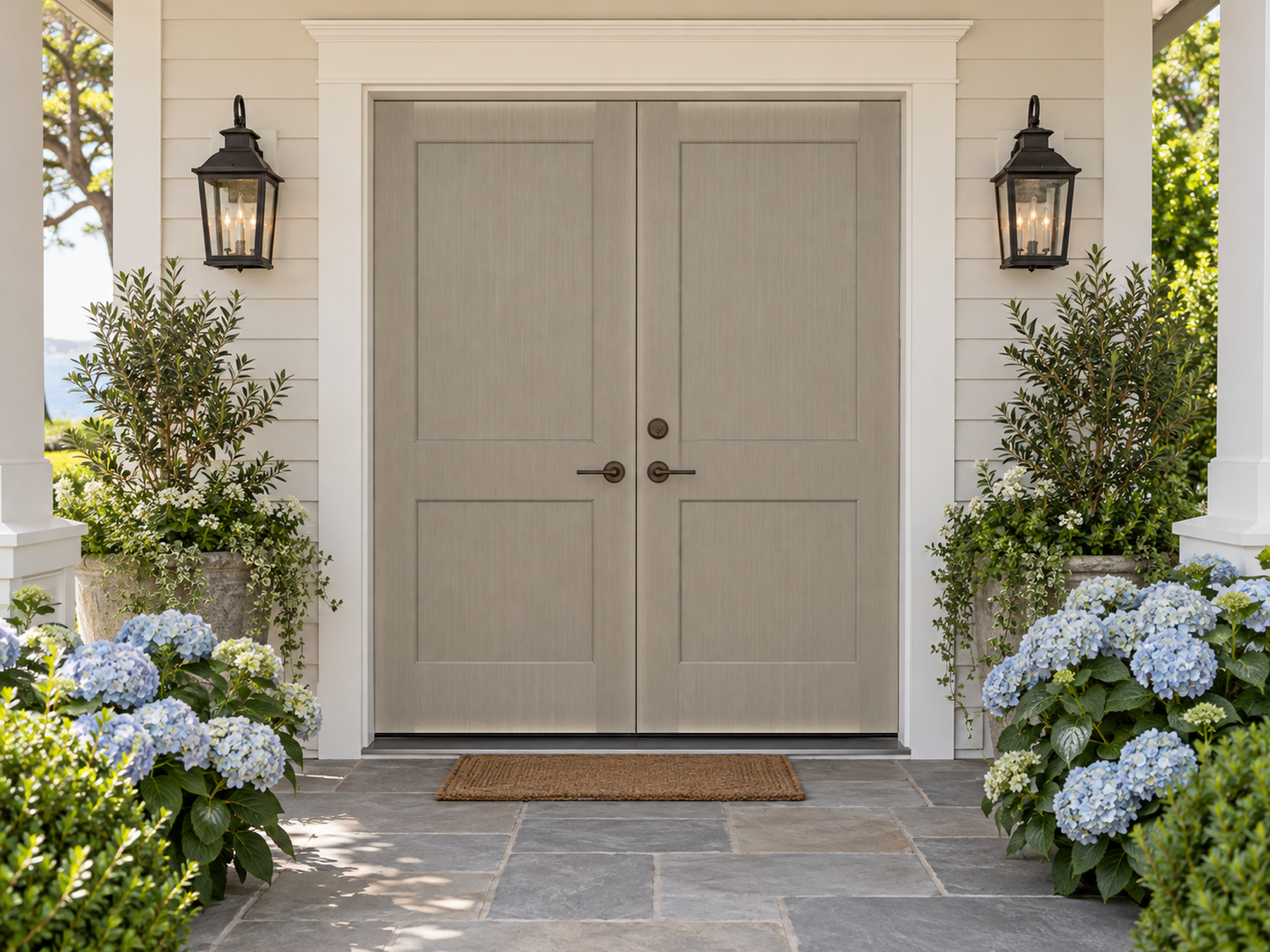 Retique It Wood'n Door Smooth Finish Kit for double doors in weathered wood stain, showcasing a sleek, natural wood appearance.