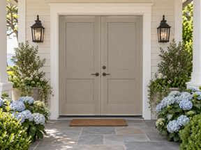 Retique It Wood'n Door Smooth Finish Kit for double doors in weathered wood stain, showcasing a sleek, natural wood appearance.