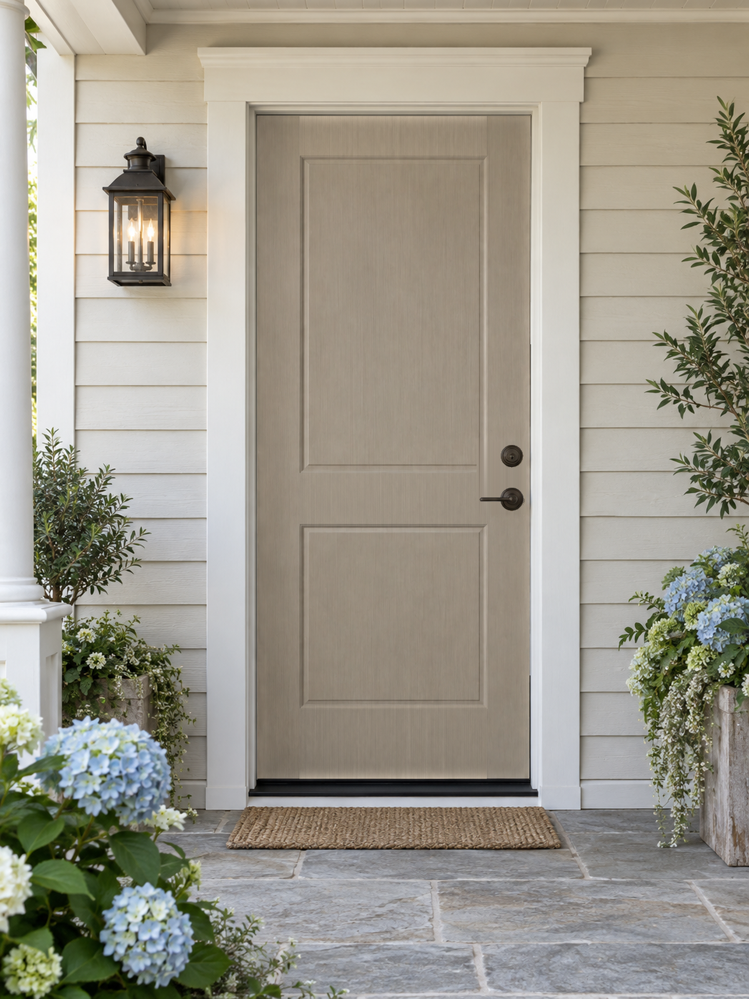 Retique It Wood'n Door Smooth Finish Kit in Weathered Wood stain applied to a single door, showcasing a weathered wood appearance.