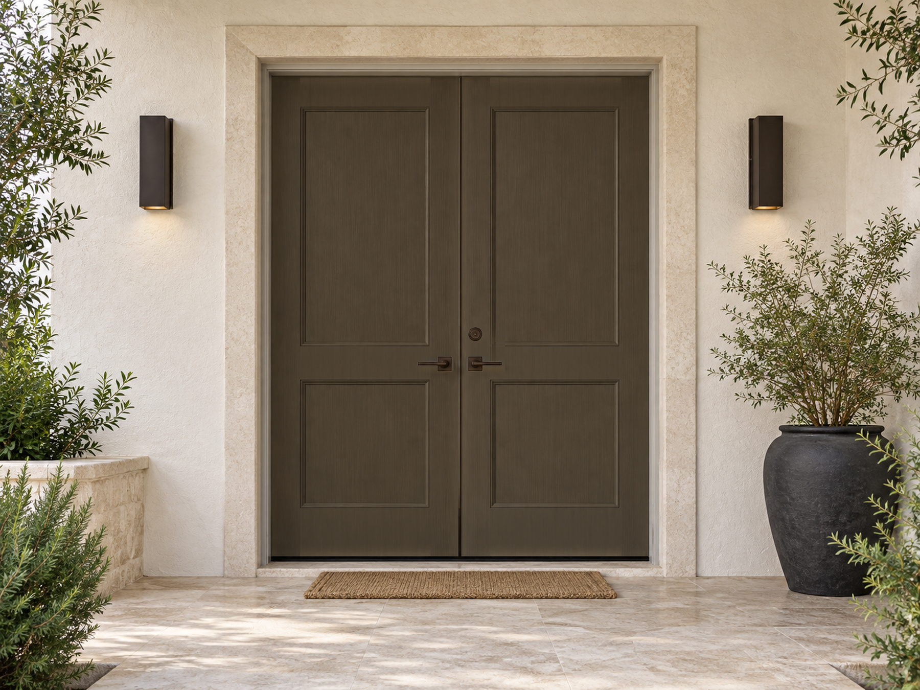 Retique It Wood'n Door Smooth Finish Kit for double doors in charcoal stain, showcasing a sleek, smooth wooden door surface.