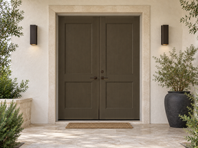 Retique It Wood'n Door Smooth Finish Kit for double doors in charcoal stain, showcasing a sleek, smooth wooden door surface.