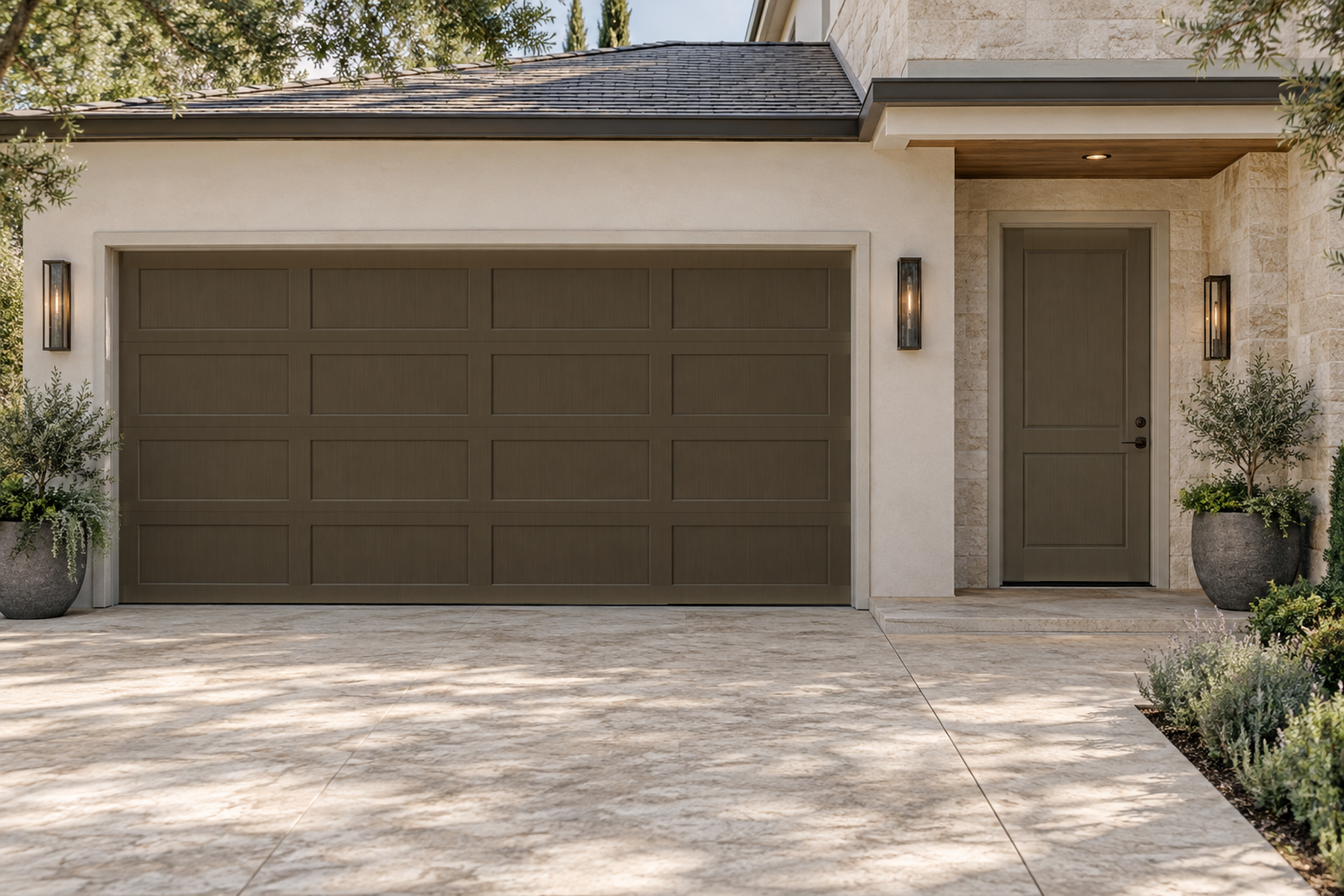 Retique It Wood'n Door smooth finish kit in charcoal for front and garage doors, showing a sleek, modern stained door with a smooth finish.