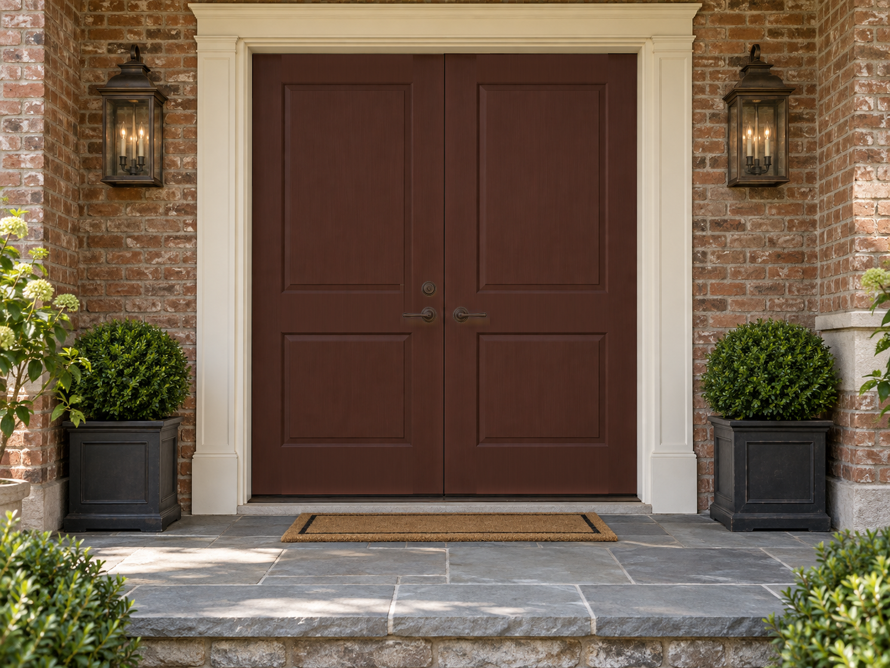 Retique It Wood'n Door Smooth Finish Kit for double doors in Red Mahogany stain, showcasing a polished, smooth wooden surface.
