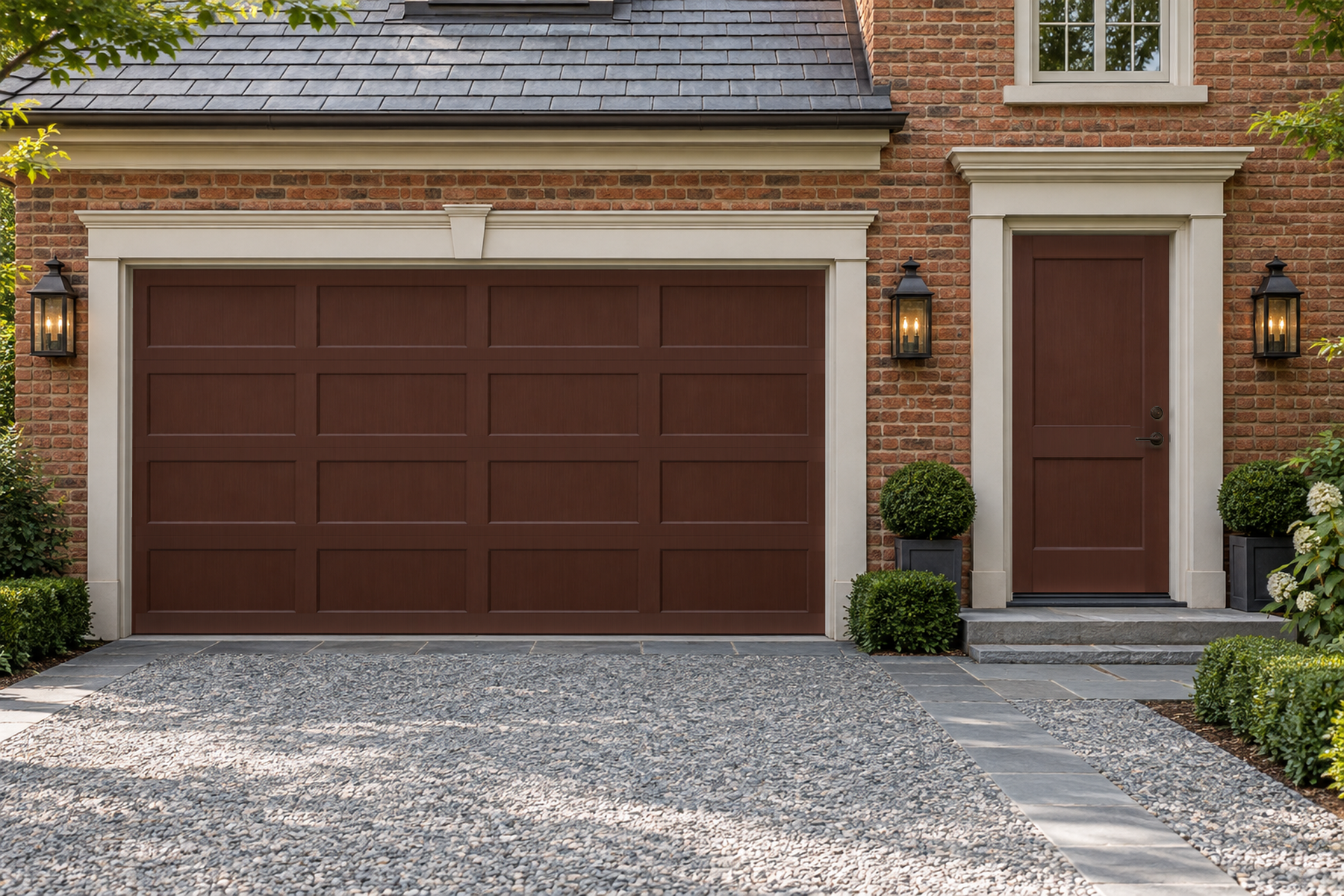 Retique It Wood'n Door Smooth Finish Kit in Red Mahogany applied to a garage door with a rich, smooth stain for a polished look.