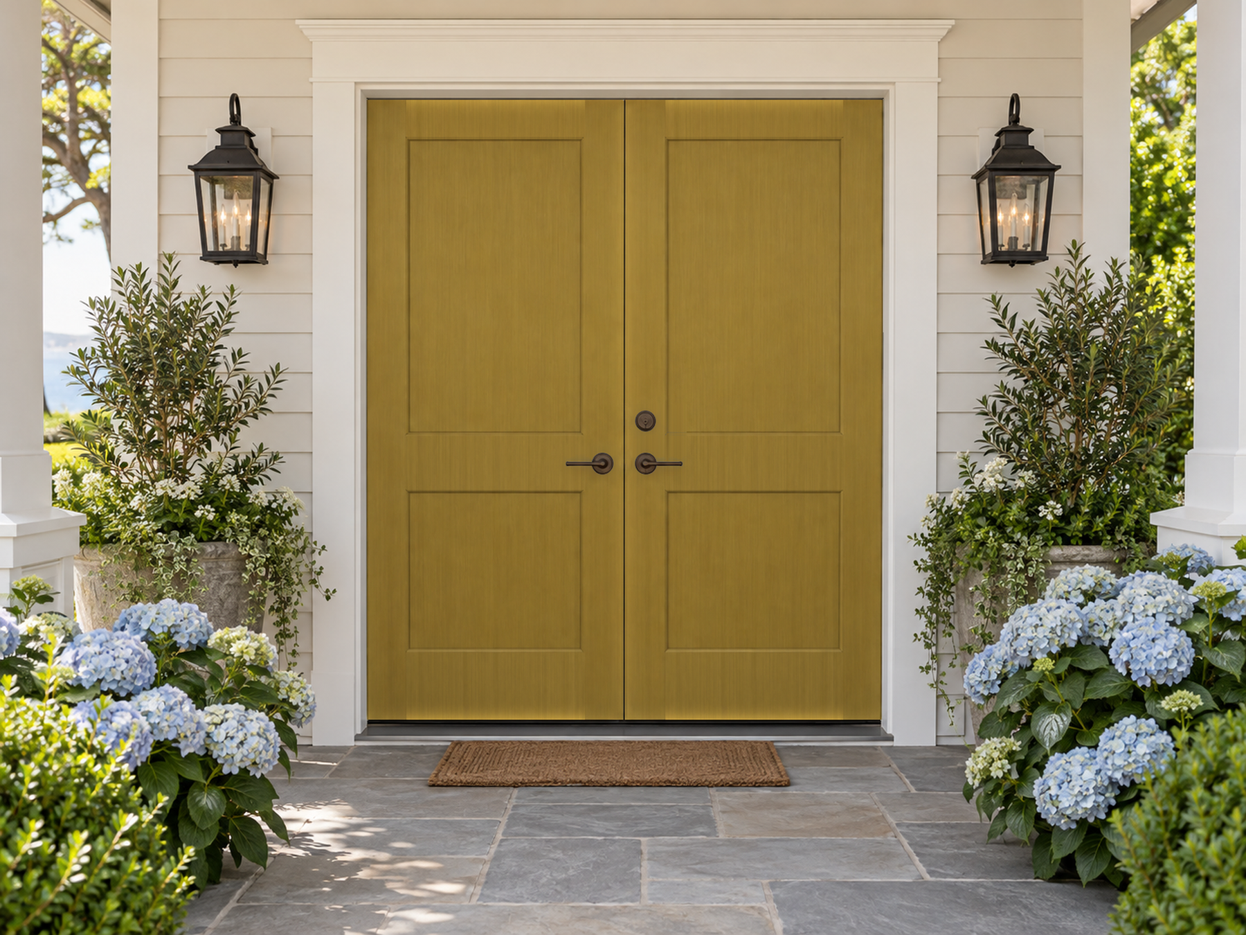 Retique It Wood'n Door Smooth Finish Kit for double doors in Old Oak stain, showcasing a sleek, natural wood finish.