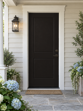 Retique It Wood'n Door Smooth Finish Kit in Classic Black applied to a single door, showcasing a sleek, matte black stain finish.