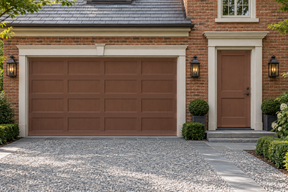 Retique It Wood'n Door Java stain kit applied to front and garage doors, showcasing a smooth finish and natural wood appearance.