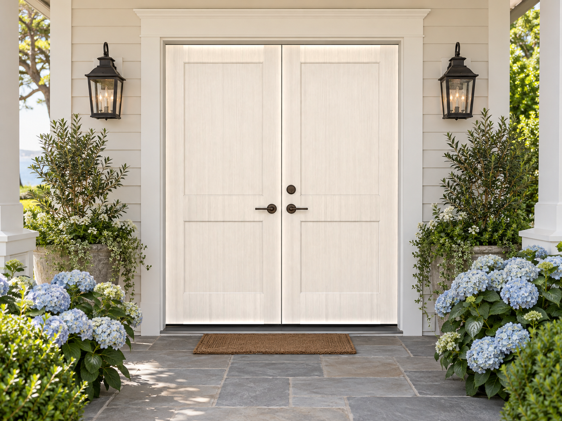 Retique It Wood'n Door smooth finish kit for double doors in white wash stain, showcasing a sleek, elegant door with a whitewashed appearance.