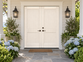 Retique It Wood'n Door smooth finish kit for double doors in white wash stain, showcasing a sleek, elegant door with a whitewashed appearance.