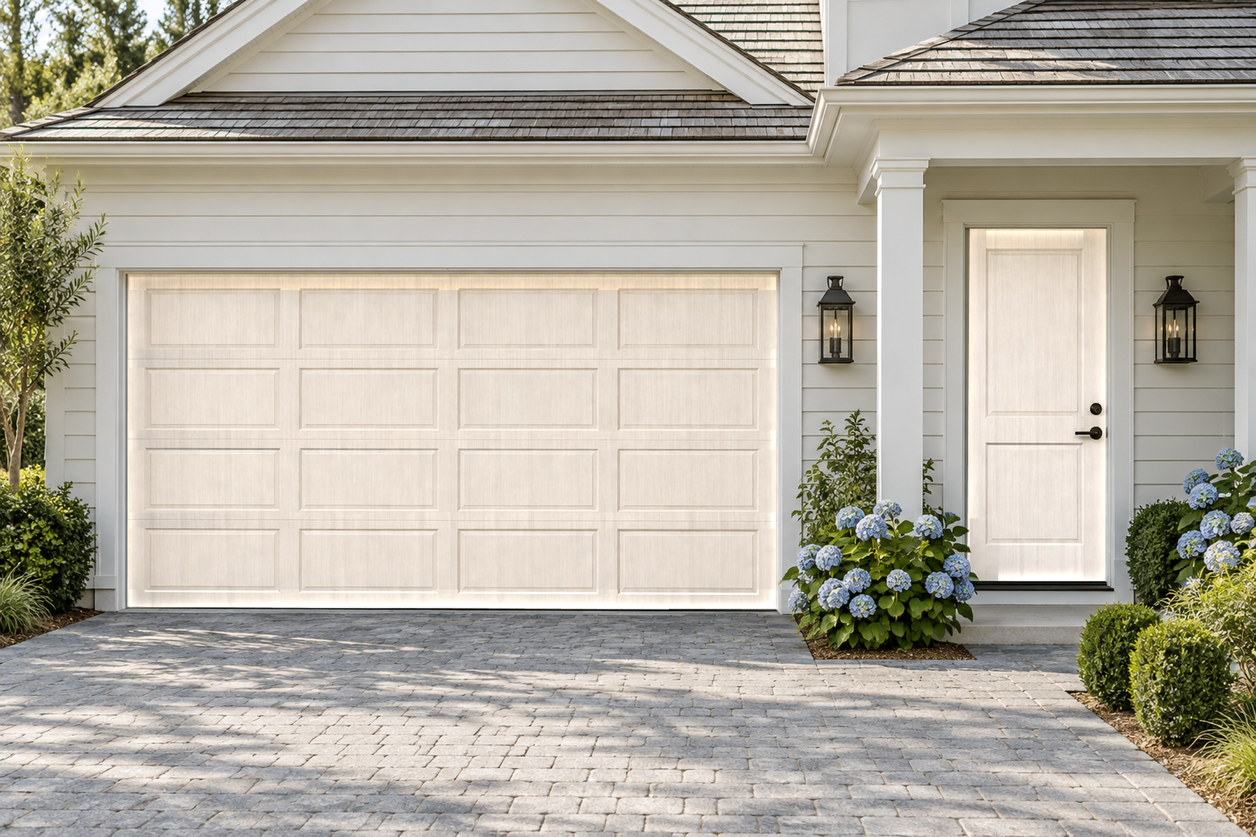 Retique It Wood'n Door White Wash stain kit applied to a garage door with a smooth finish, showcasing a clean, bright white wash look.